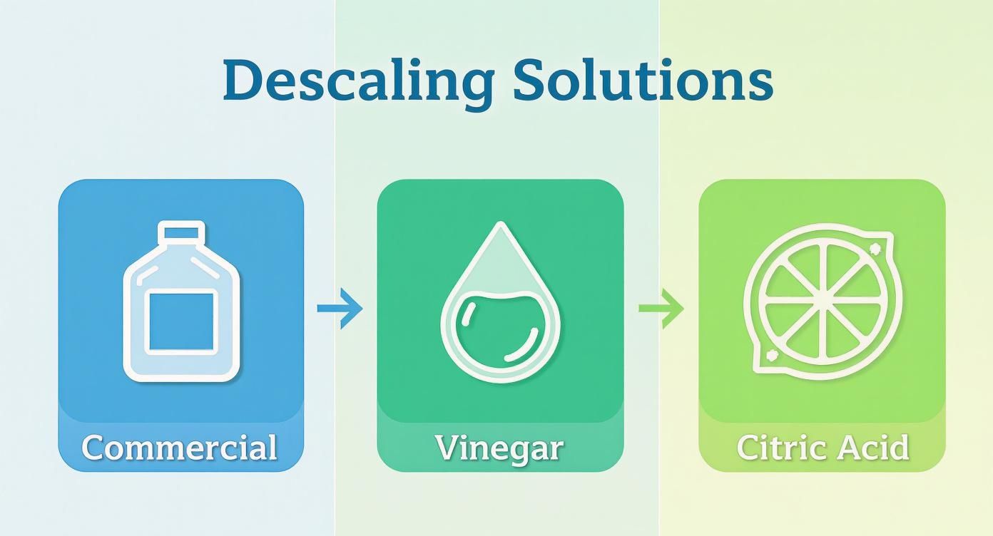 Infographic comparing commercial, vinegar, and citric acid descaling solutions with icons for each.