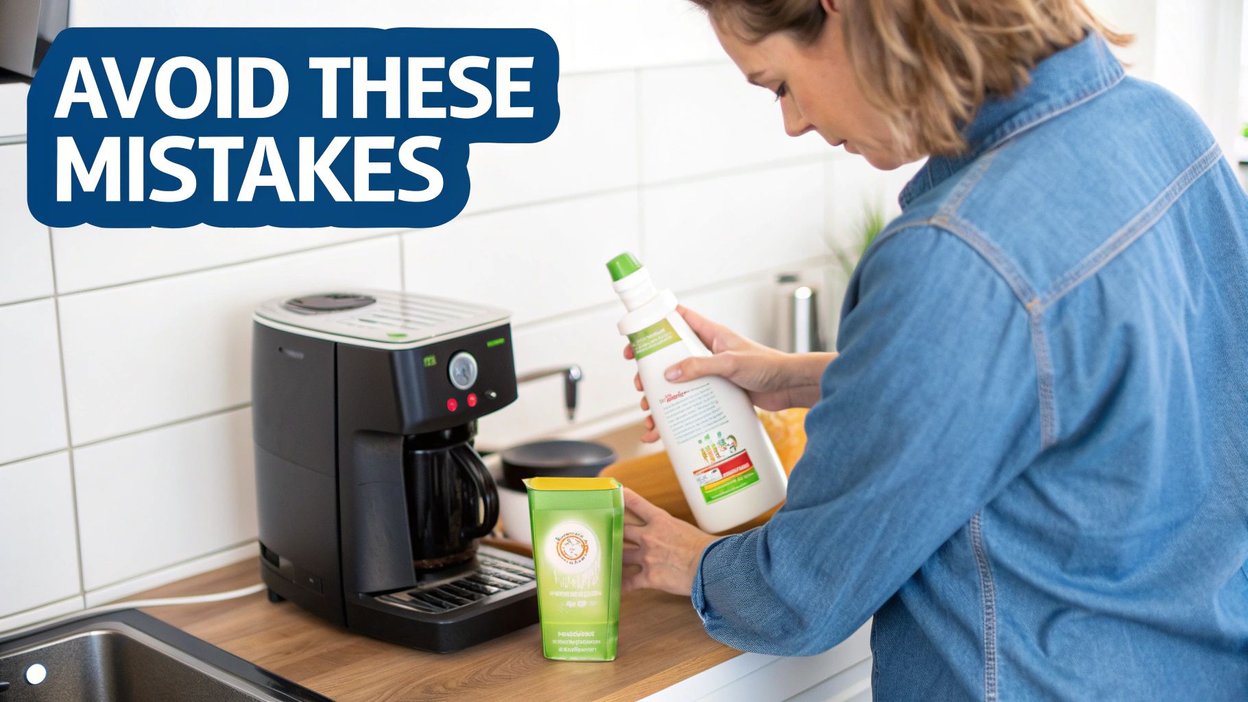 A person looking frustrated at their coffee machine, which has steam coming out of it.