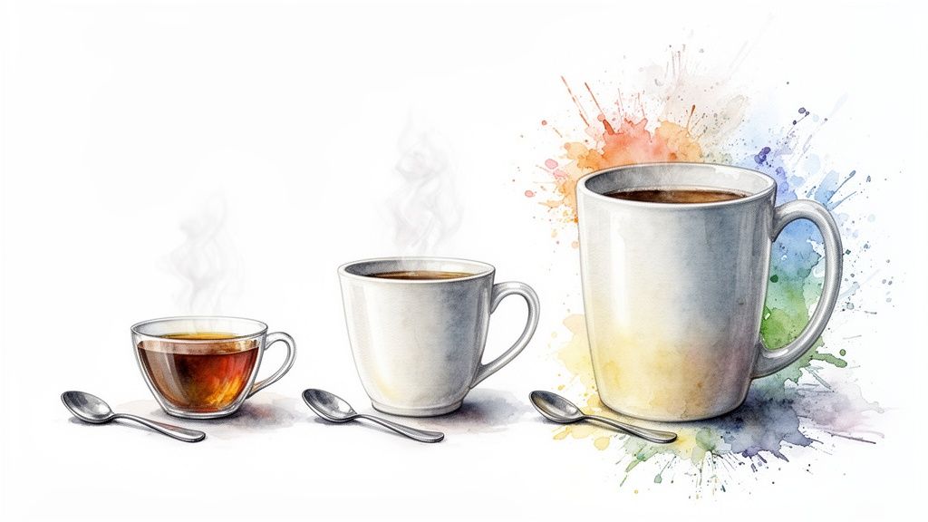 Watercolor illustration of three steaming cups of coffee or tea with spoons and colorful splashes.