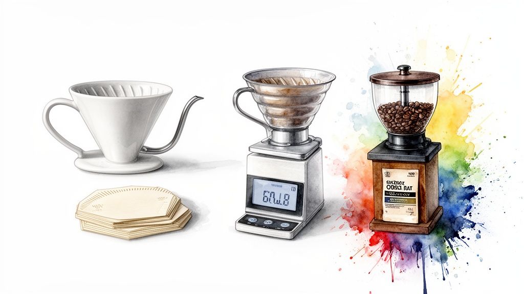 Illustration of pour-over coffee brewing equipment: ceramic dripper, filters, digital scale, and a vintage grinder.