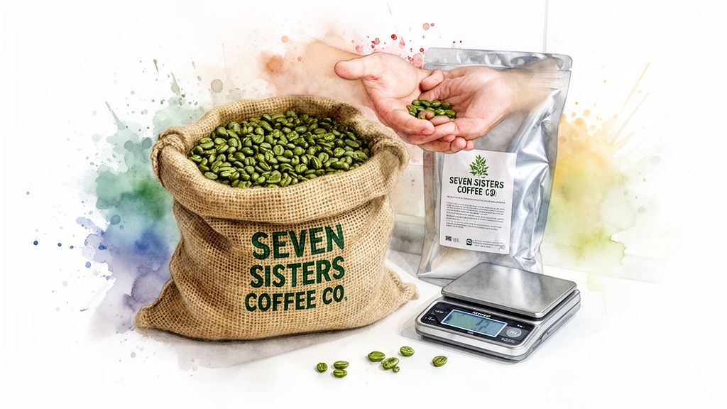Green coffee beans in a burlap sack, hands, and a branded silver pouch with a digital scale.
