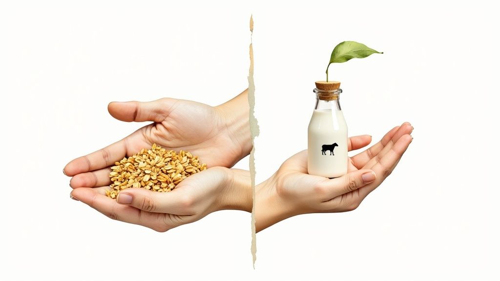 Hands comparing oat grains and plant-based milk bottle showing dairy alternative ingredients