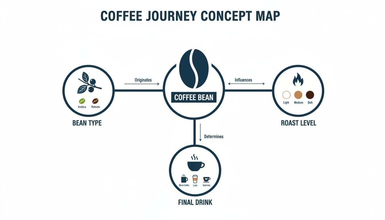 A concept map illustrating the coffee journey, from bean type and roast level to the final drink.