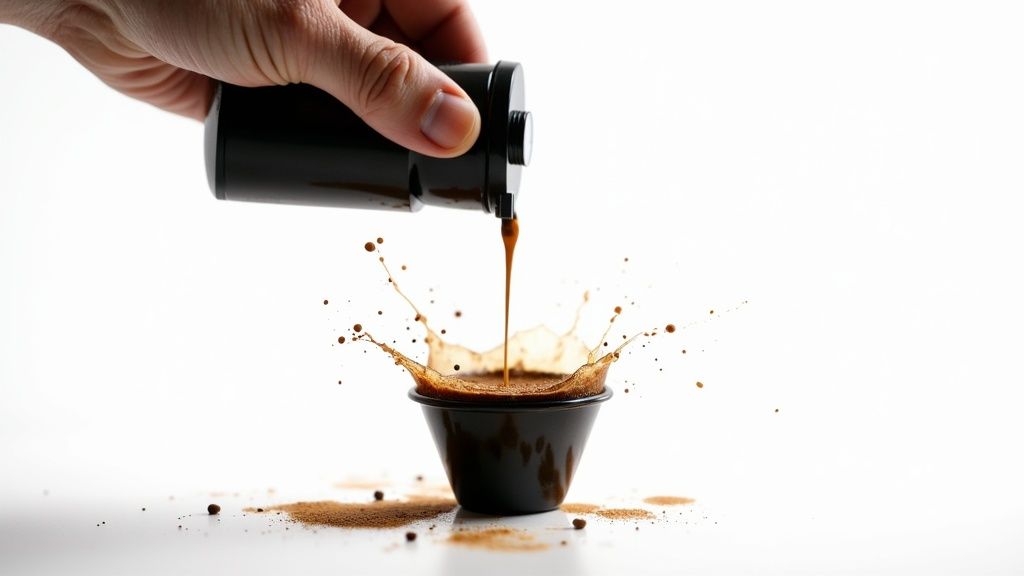 Hand pouring espresso into a small black cup, causing a dramatic splash on a white background.