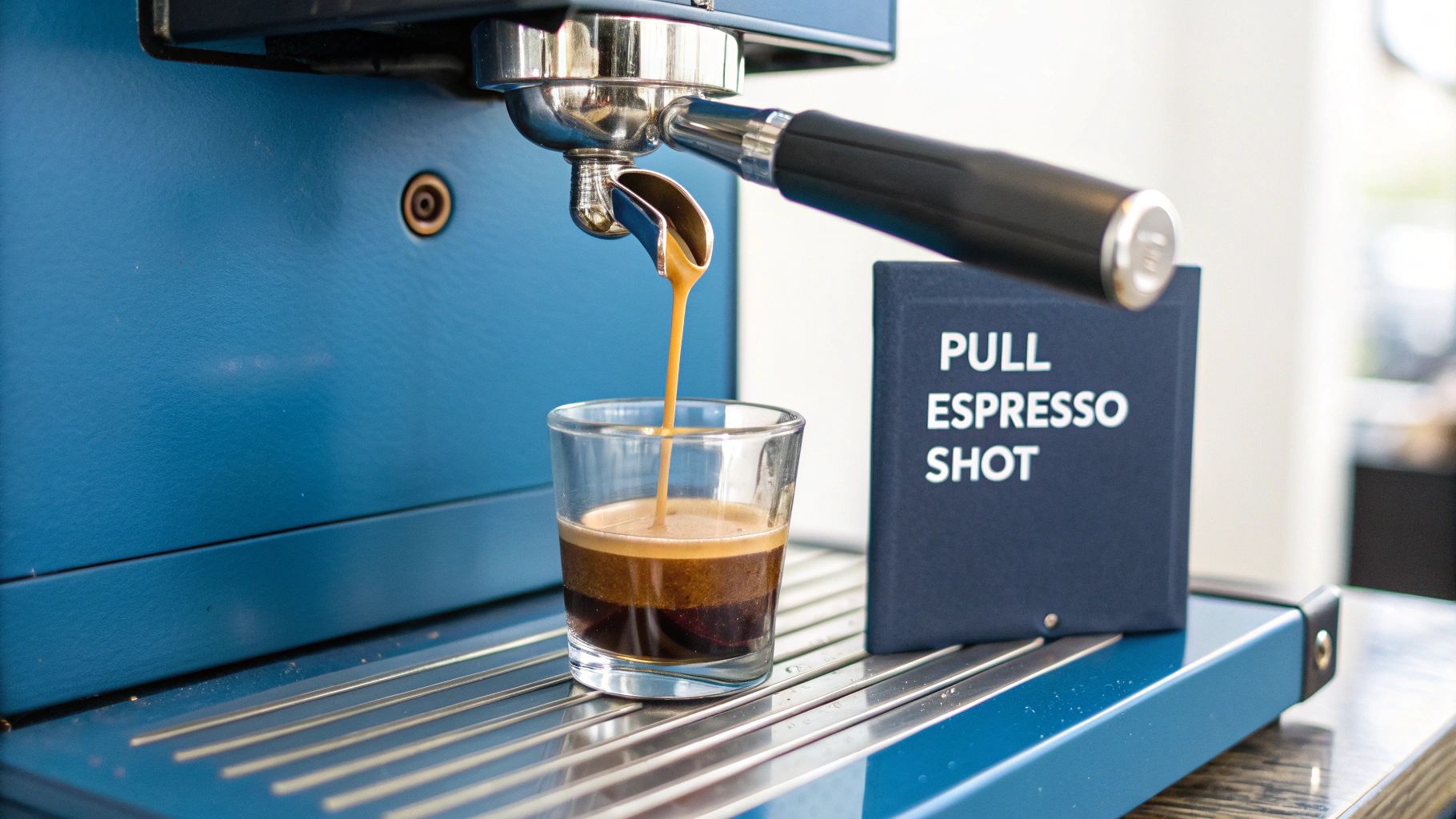 A stream of rich, golden-brown espresso being extracted into a small glass cup.