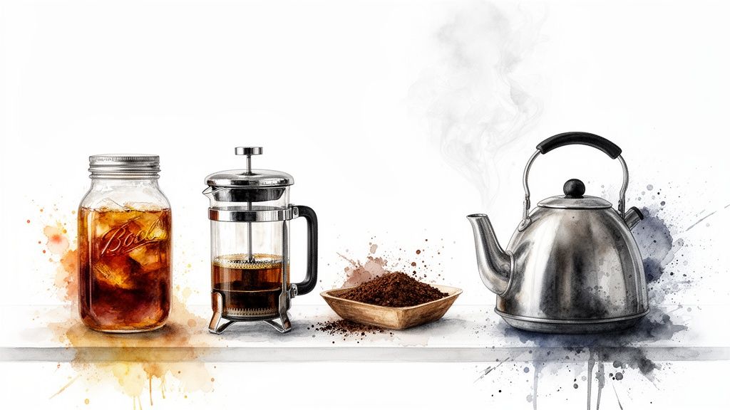 Watercolor illustration showcasing cold brew coffee, a French press, ground coffee, and a steaming kettle.