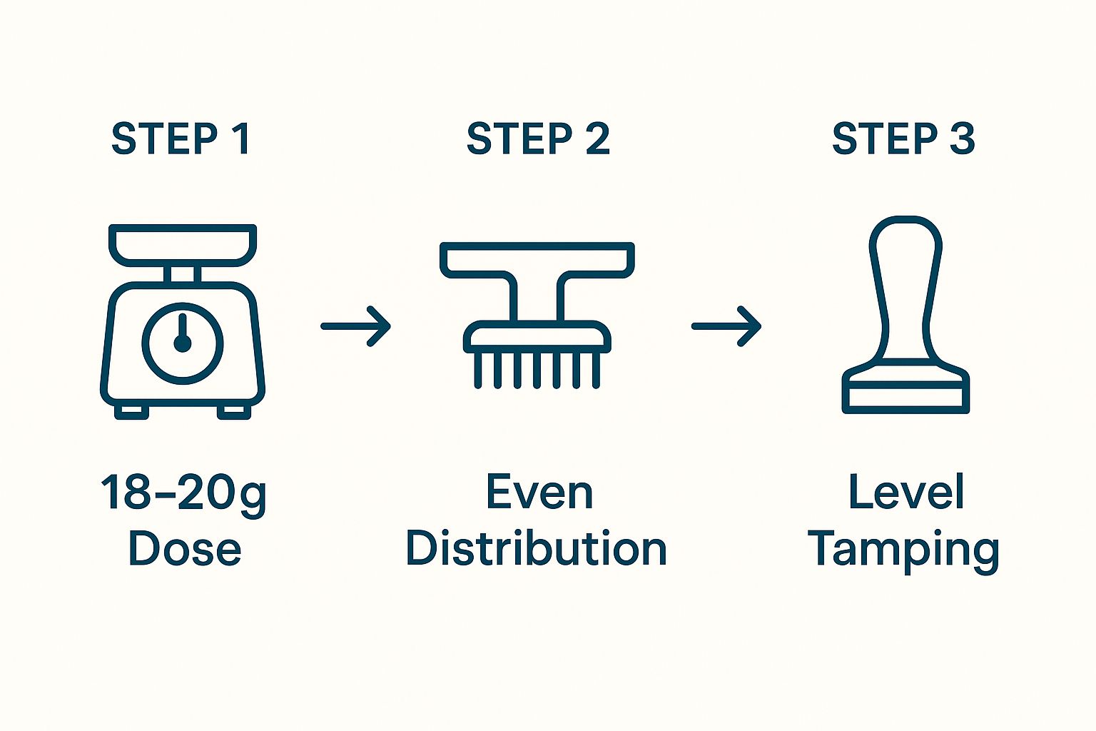 Infographic showing the process of dosing, distributing, and tamping espresso.