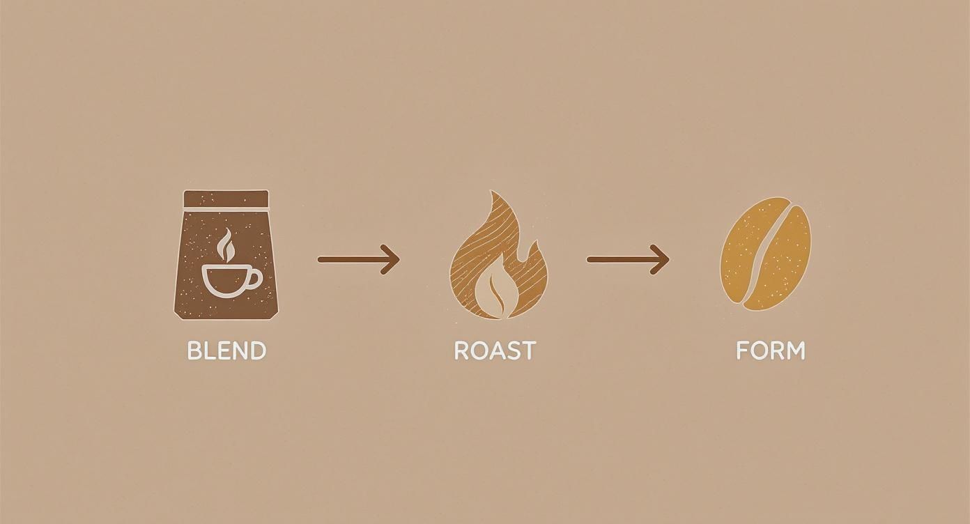 Coffee bean processing steps showing blend, roast, and form stages in sequence