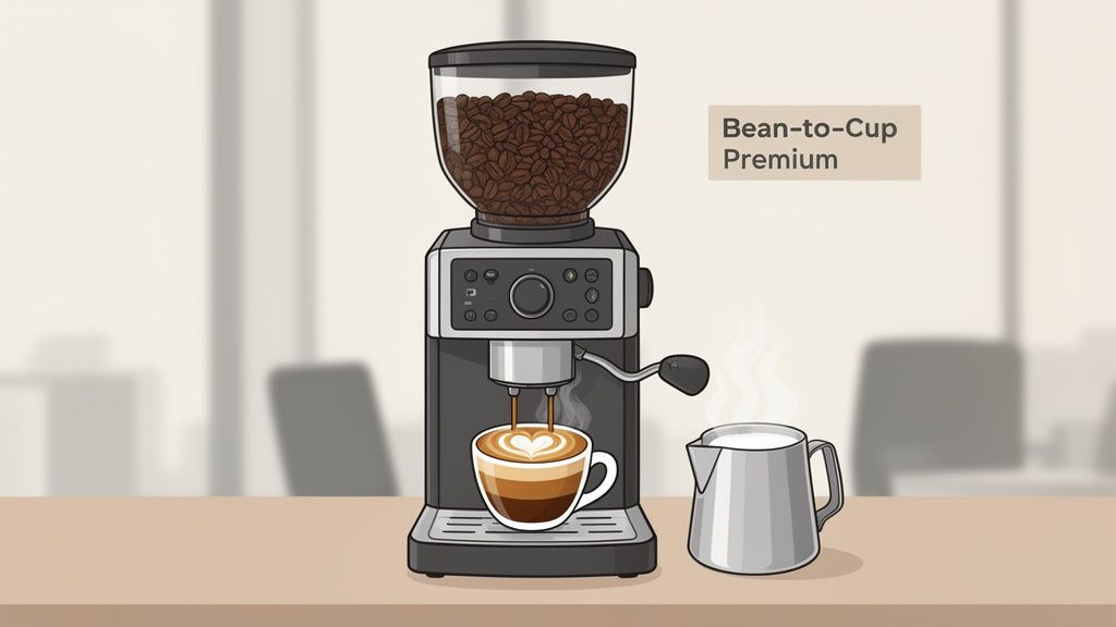 A premium bean-to-cup coffee machine brewing a latte with heart art, next to a milk pitcher in an office.