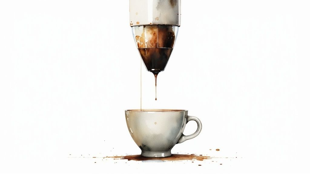 Coffee drips from a brewing cone into a white ceramic cup, with espresso splashes.
