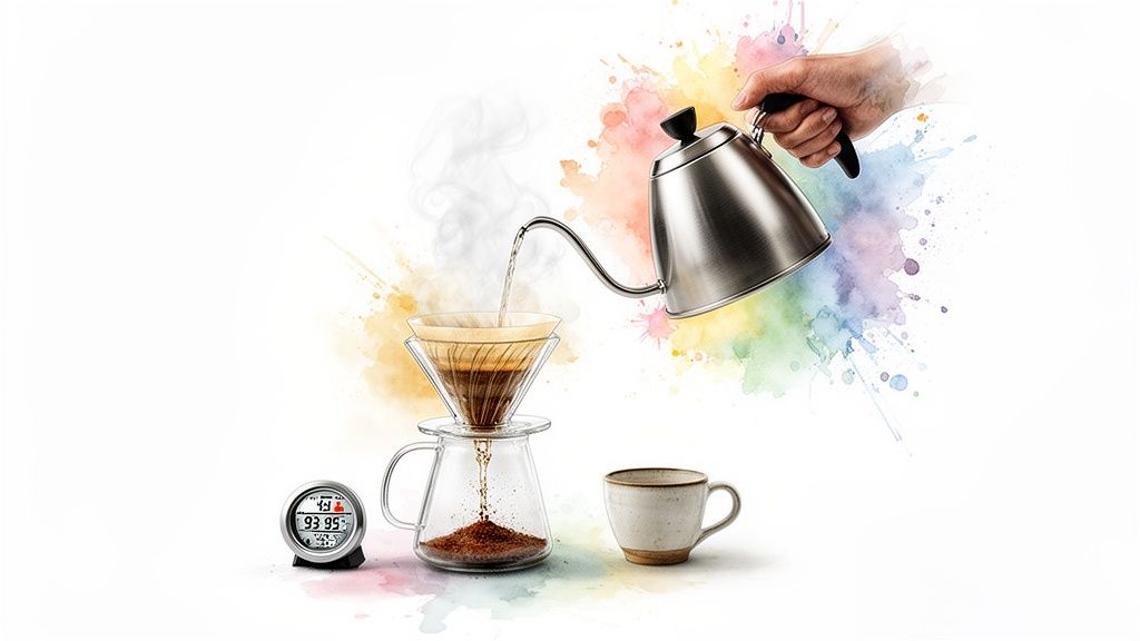Hand pours hot water from a gooseneck kettle into a pour-over coffee brewer, with a timer and cup.