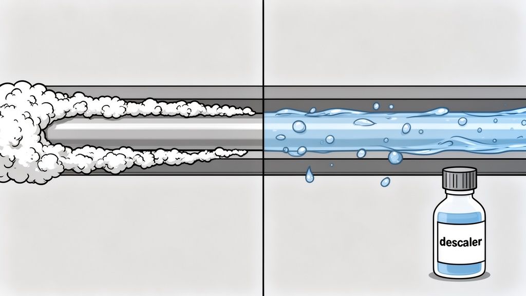 Illustration showing a clogged pipe on the left and clear flowing water after descaler treatment on the right.