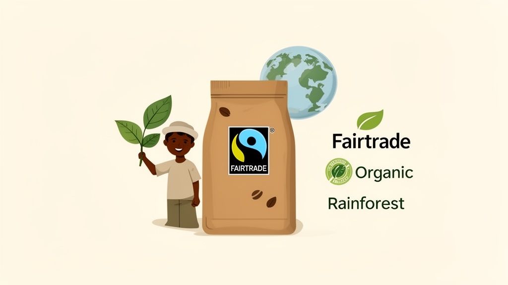 Cartoon child with leaves, Fairtrade coffee bag, globe, and sustainability labels: Organic, Rainforest.