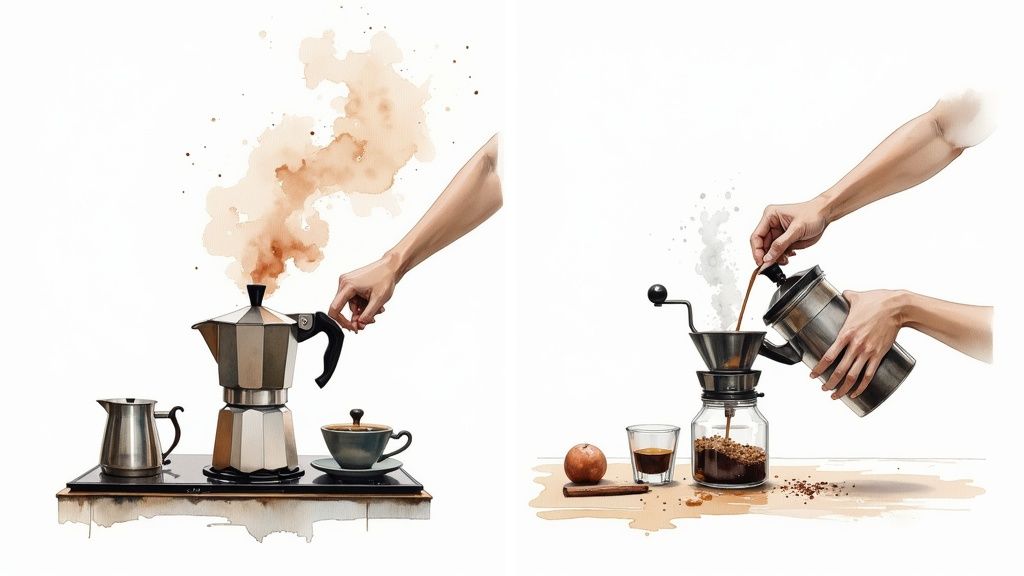 Two distinct watercolor-style illustrations showcasing coffee preparation: a steaming moka pot and hands pouring coffee into a grinder.