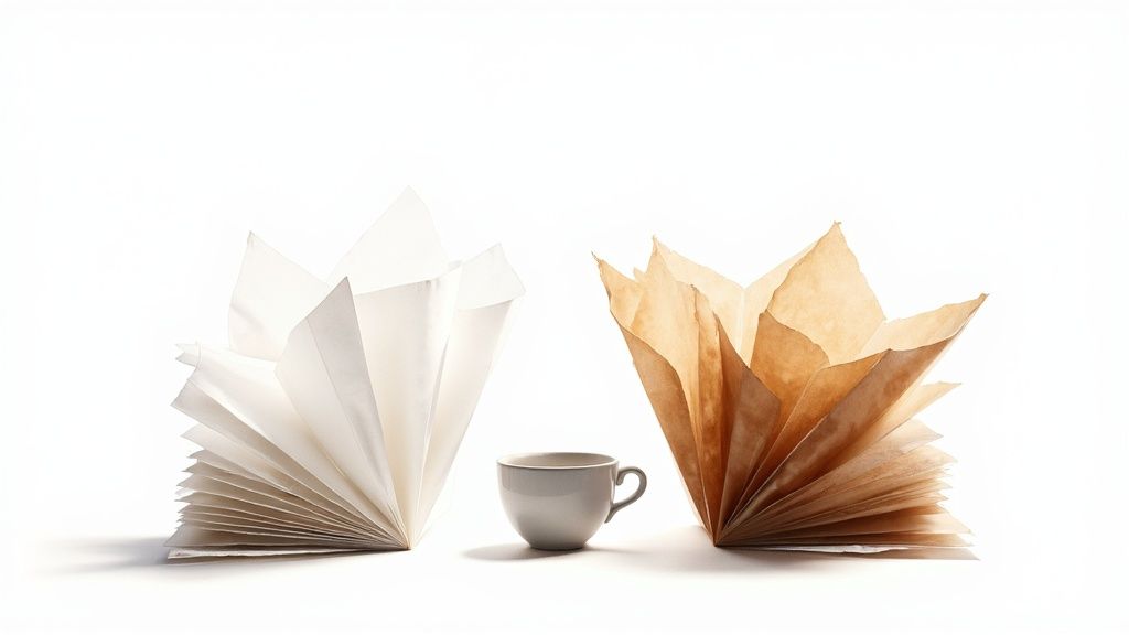 White and brown fanned paper coffee filters flank a small cup on a bright background.