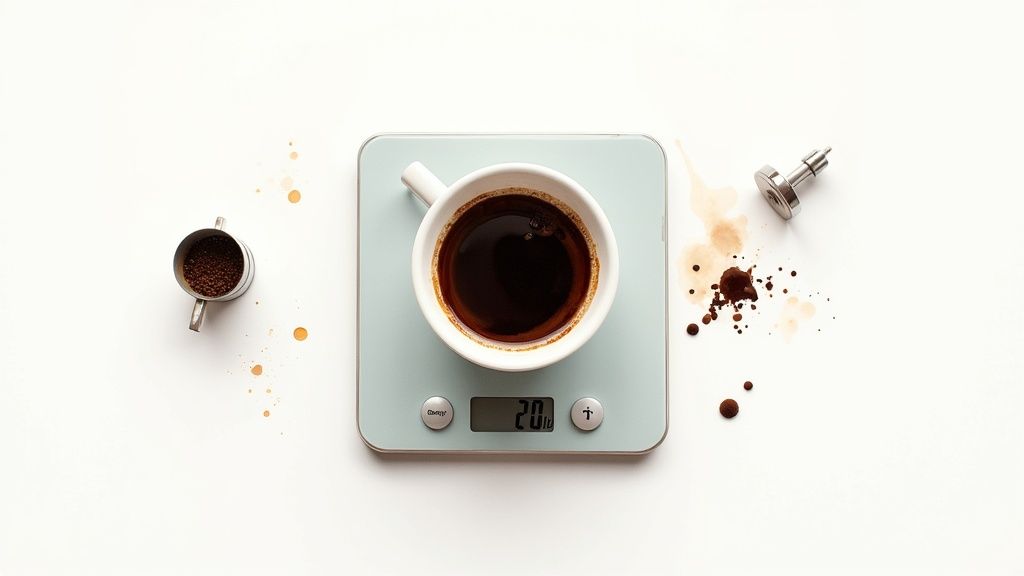 Coffee cup on scale showing 20lb, with ground coffee and tamper, on a white surface with spills.