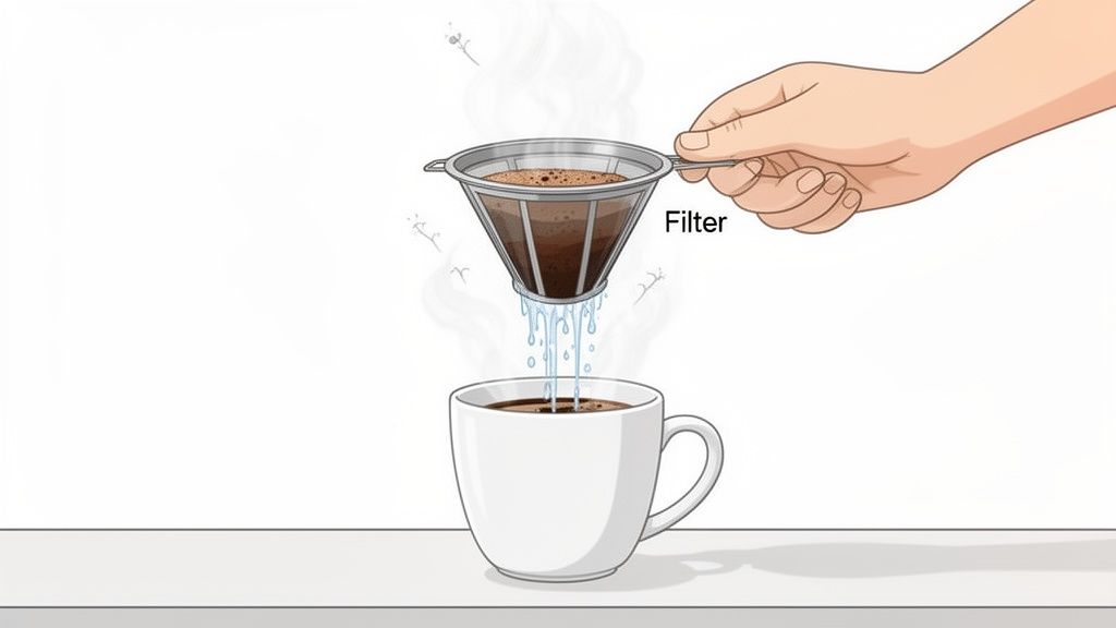 A hand holds a metal coffee filter dripping hot brewed coffee into a white mug below.