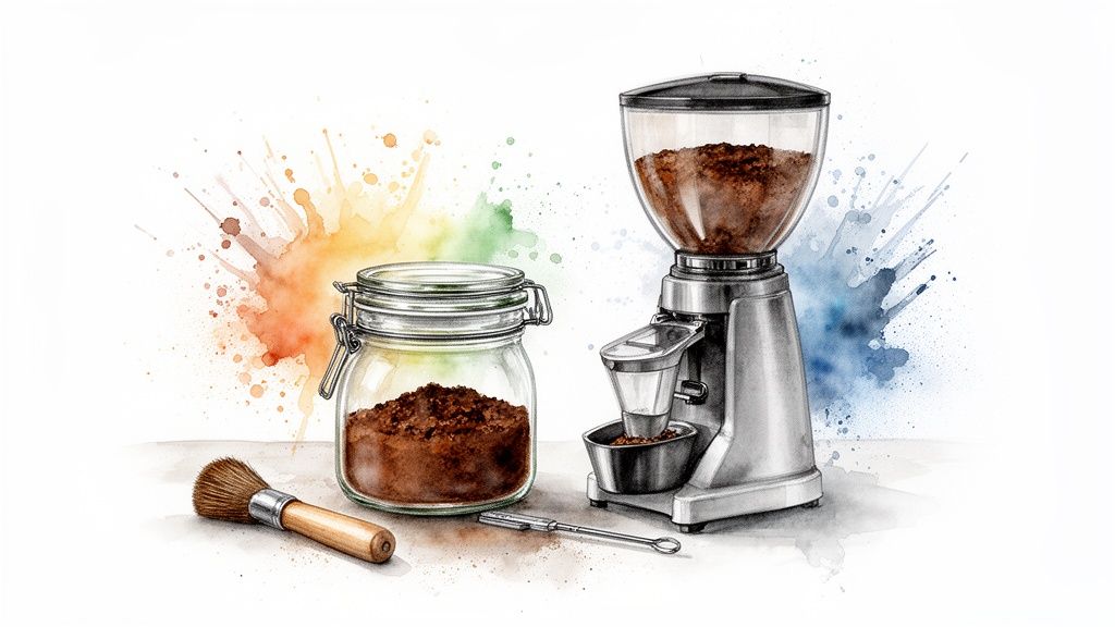 A watercolor illustration of a coffee grinder, a jar of ground coffee, and coffee tools with colorful splashes.