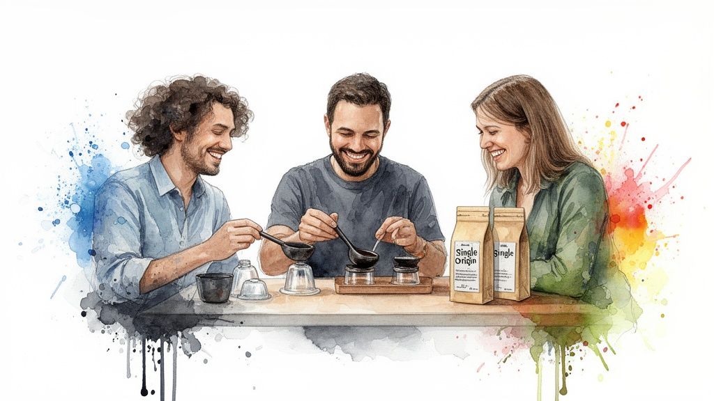 Watercolor illustration of three smiling people enjoying a coffee cupping session with single origin coffee.