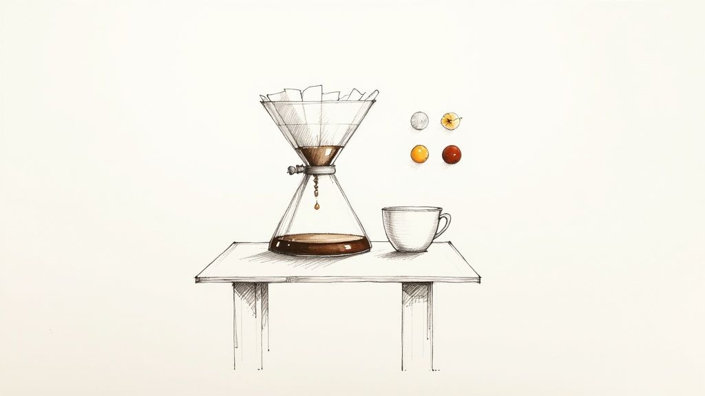 A person pouring hot water from a gooseneck kettle into a Chemex brewer filled with coffee grounds