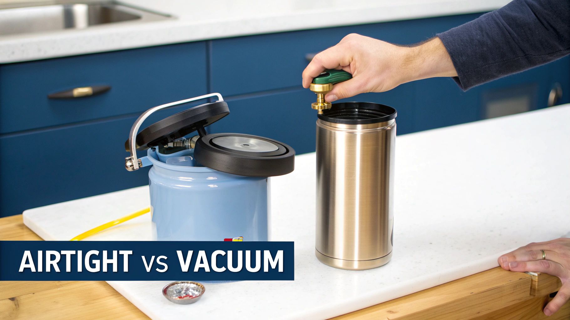 Close-up of a coffee storage container lid being sealed.