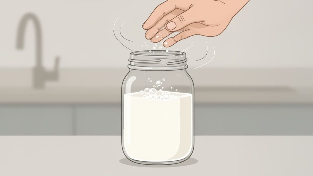 A hand sprinkles powder into a glass jar of milk, creating bubbles on a kitchen counter.