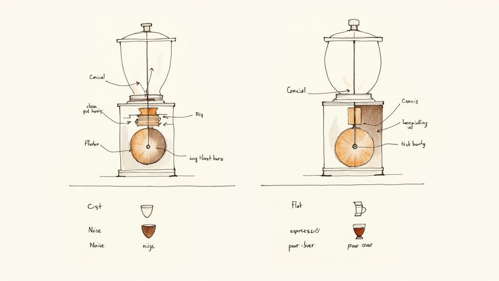 Two types of coffee grinder burrs, conical and flat, displayed side by side.