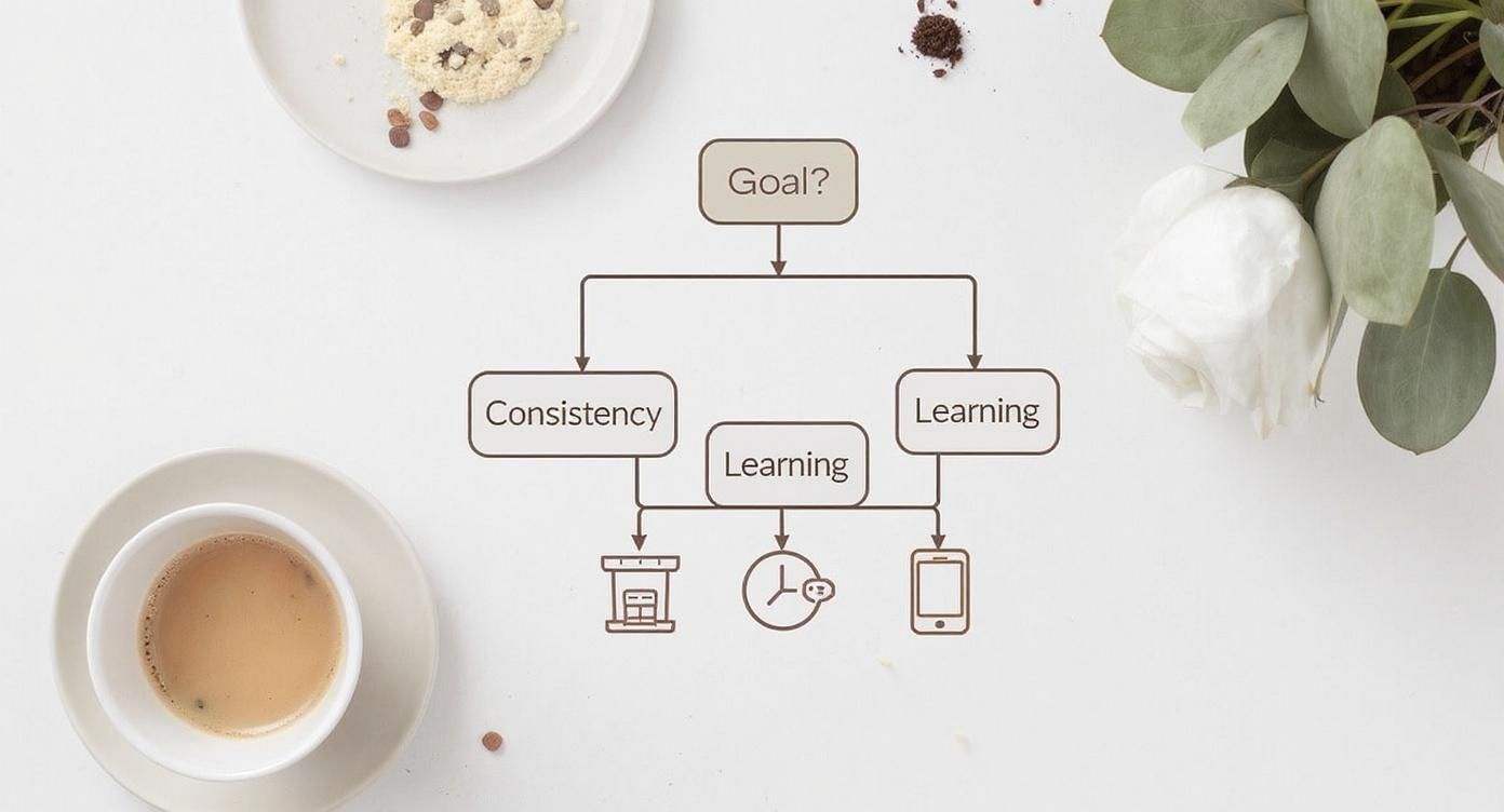 An overhead shot of a diagram detailing a goal, consistency, and learning with related icons.
