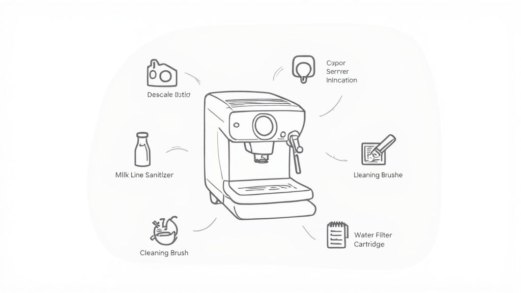A line drawing diagram of a coffee machine with various cleaning and maintenance supplies around it.