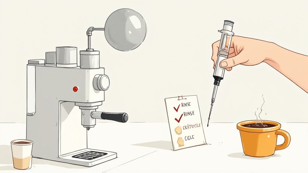 A hand uses a syringe to add liquid to a steaming coffee cup, next to an espresso machine and checklist.