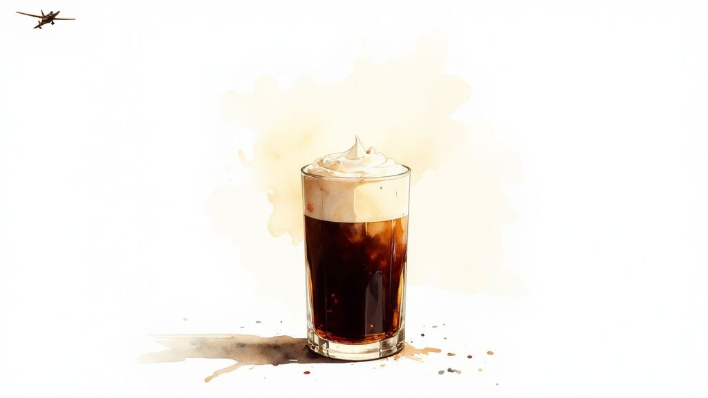 Watercolor illustration of a tall glass of dark coffee topped with a swirl of white whipped cream.