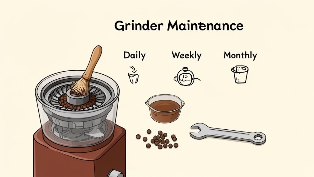 Illustration showing coffee grinder maintenance tips: daily brushing, weekly liquid cleaning, and monthly tools.
