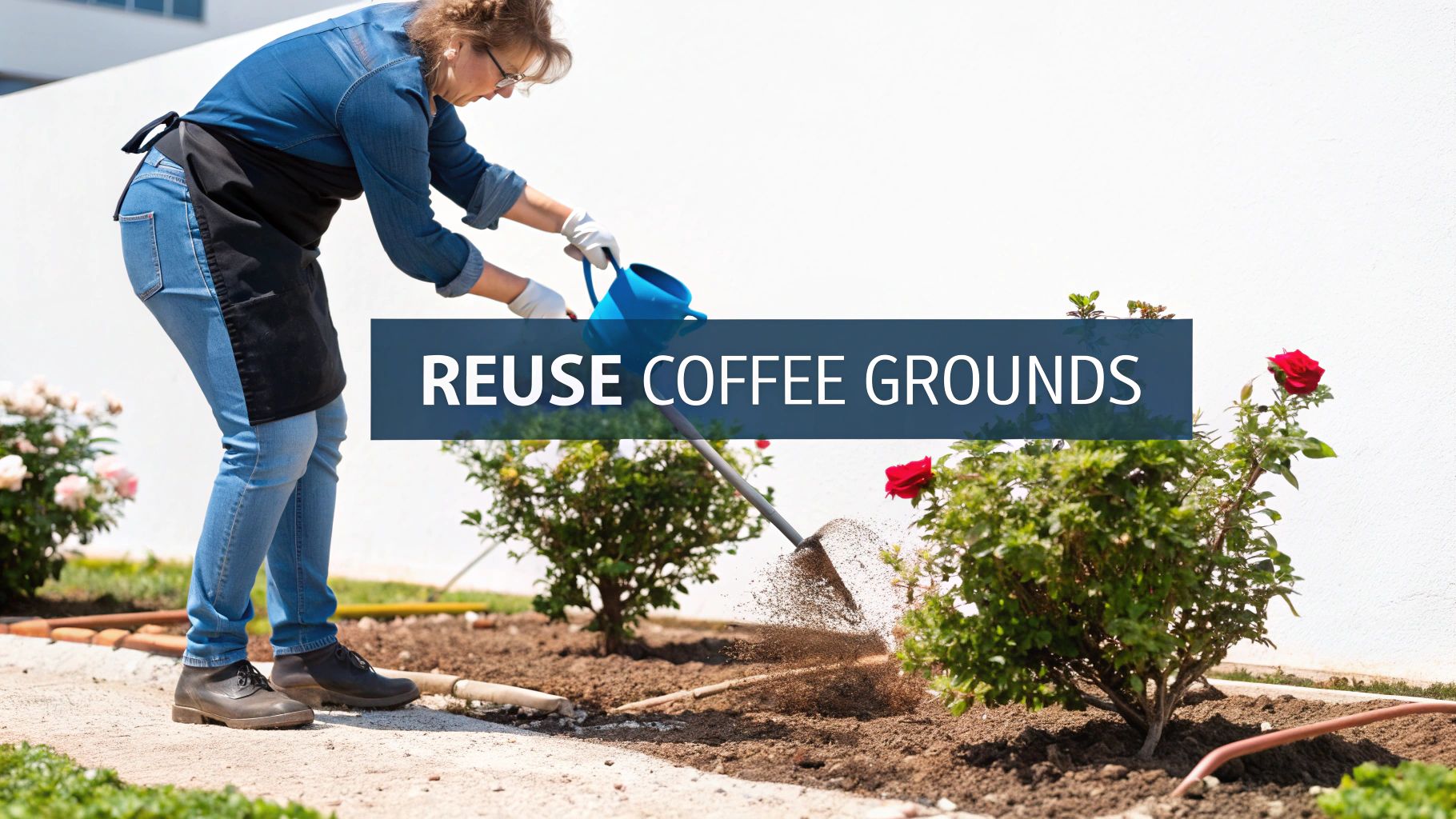 A garden scene with roses and leafy greens, where a gardener is lightly sprinkling used coffee grounds around the base of the plants.