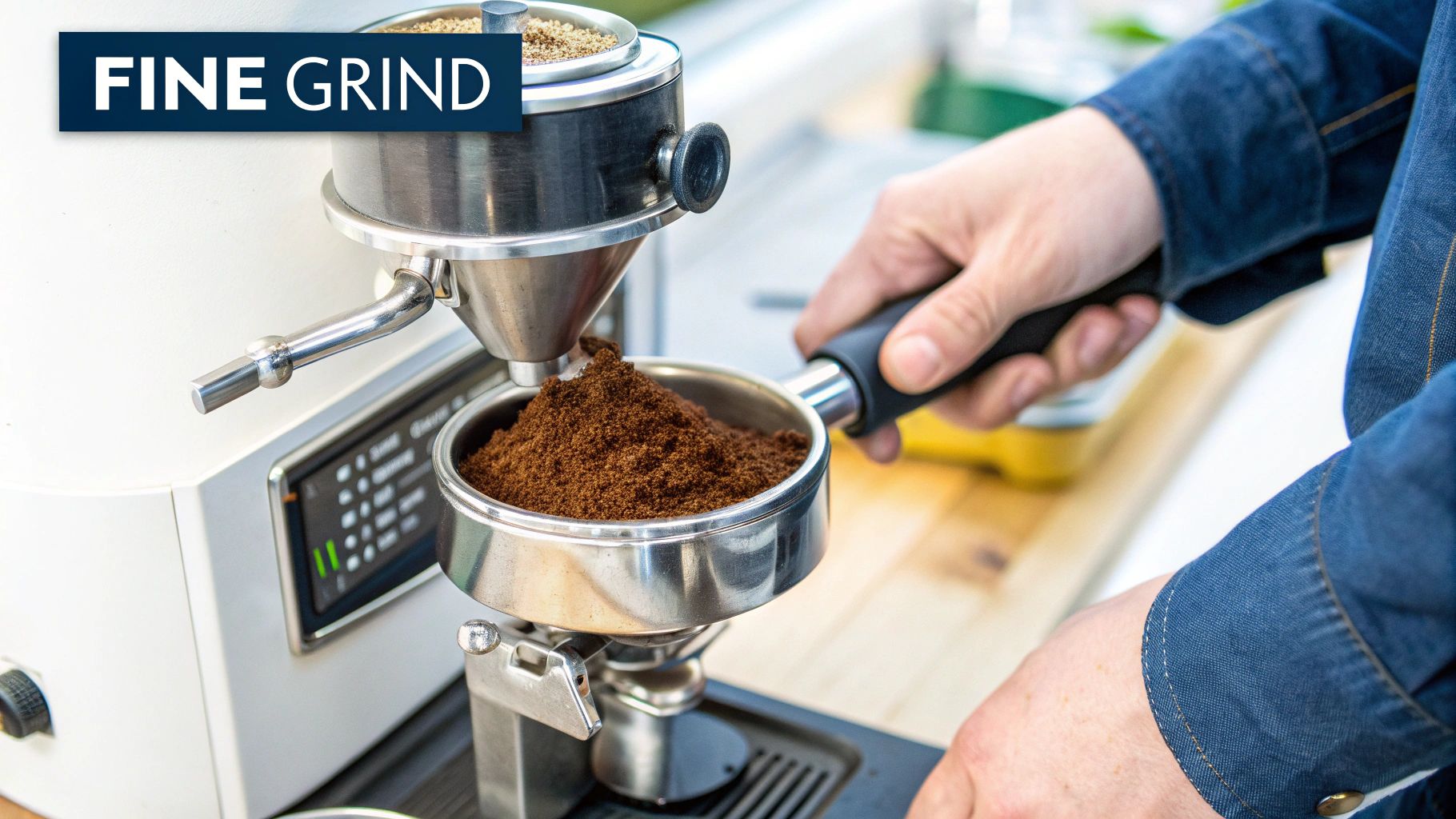 A high-quality burr grinder next to an espresso machine, showing a consistent, fine grind of coffee.