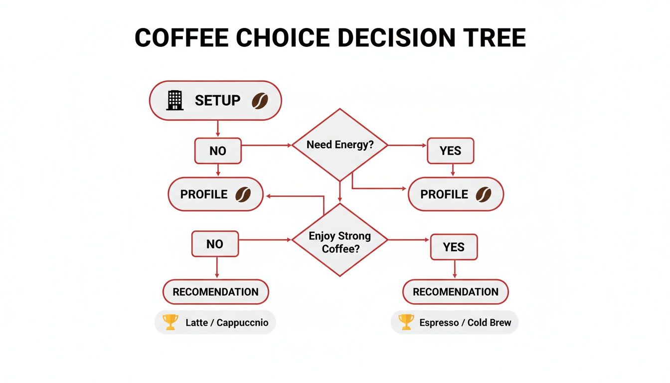 A coffee choice decision tree flowchart guiding users based on energy needs and strong coffee preference.