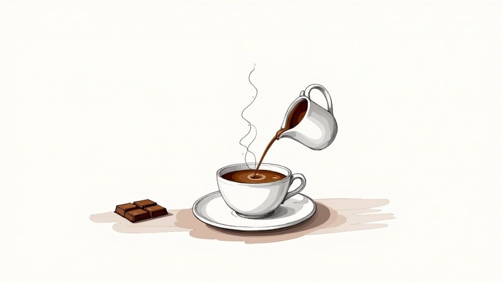 A perfectly crafted homemade mocha in a clear glass mug, topped with whipped cream and chocolate shavings.