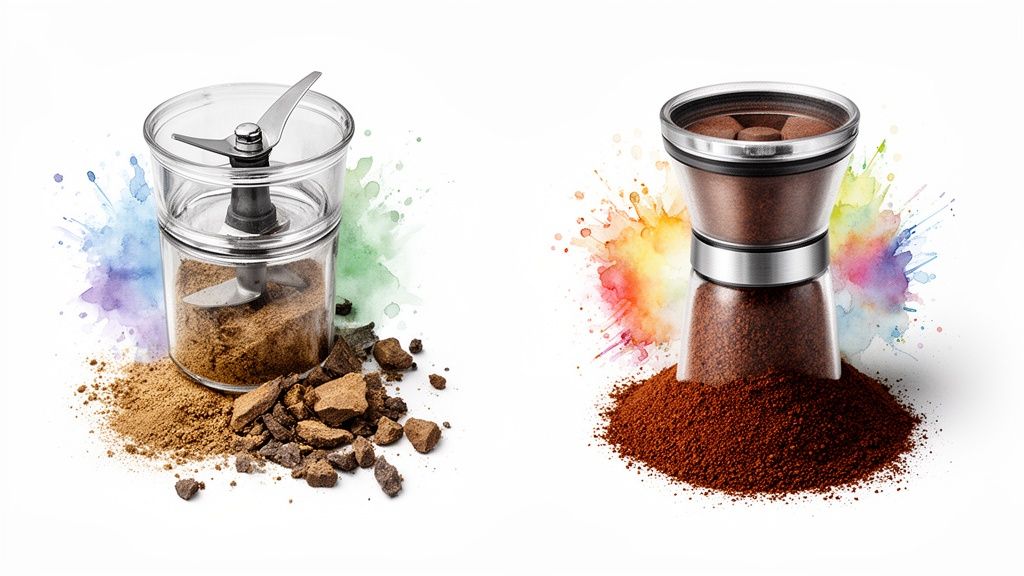 Close-up of a burr grinder showing coffee beans being milled into uniform grounds.