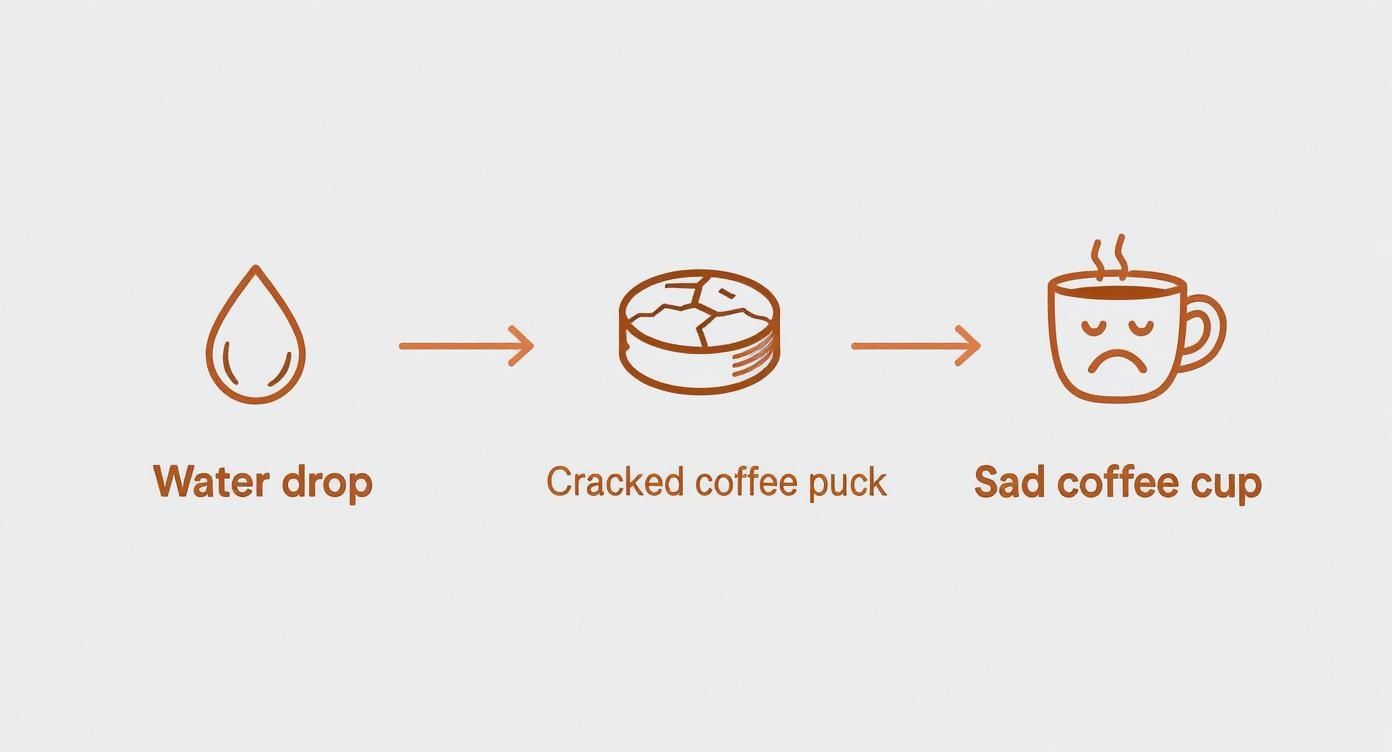 A sequence illustrating poor espresso extraction: a water drop, a cracked coffee puck, and a sad coffee cup.