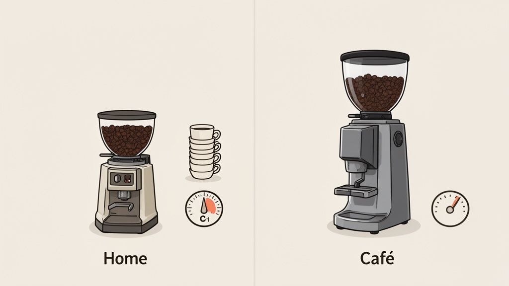 Illustration comparing a compact home coffee grinder with cups and a dial, to a larger cafe coffee machine.