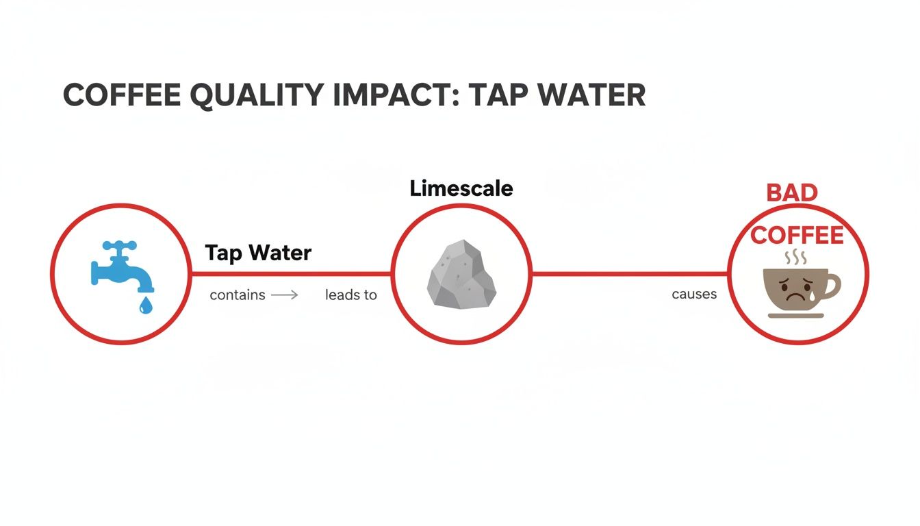 Diagram showing how tap water contains limescale, leading to bad coffee quality.