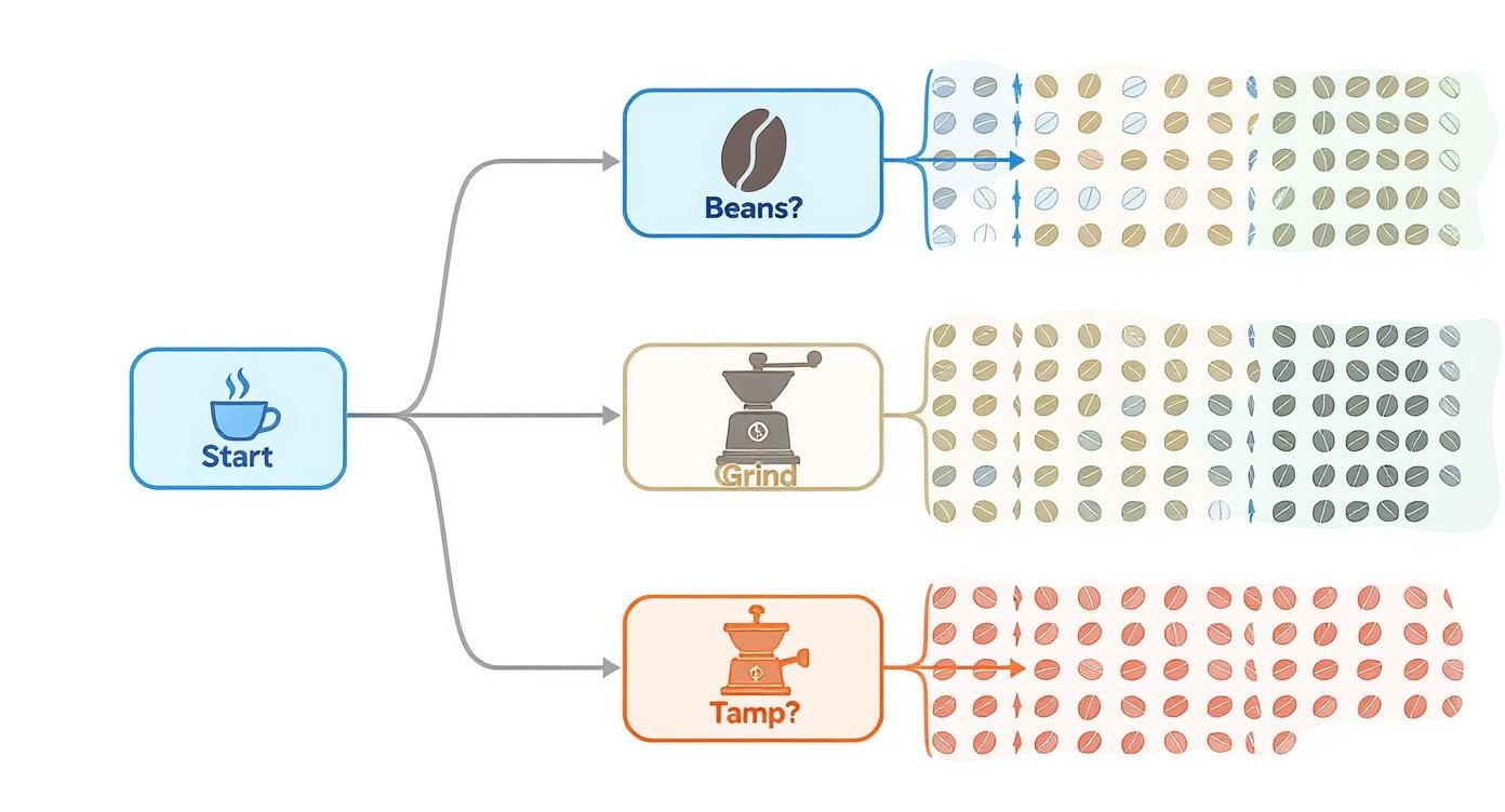 Diagram illustrating three coffee preparation variables: bean quantity, grind consistency, and tamping pressure.