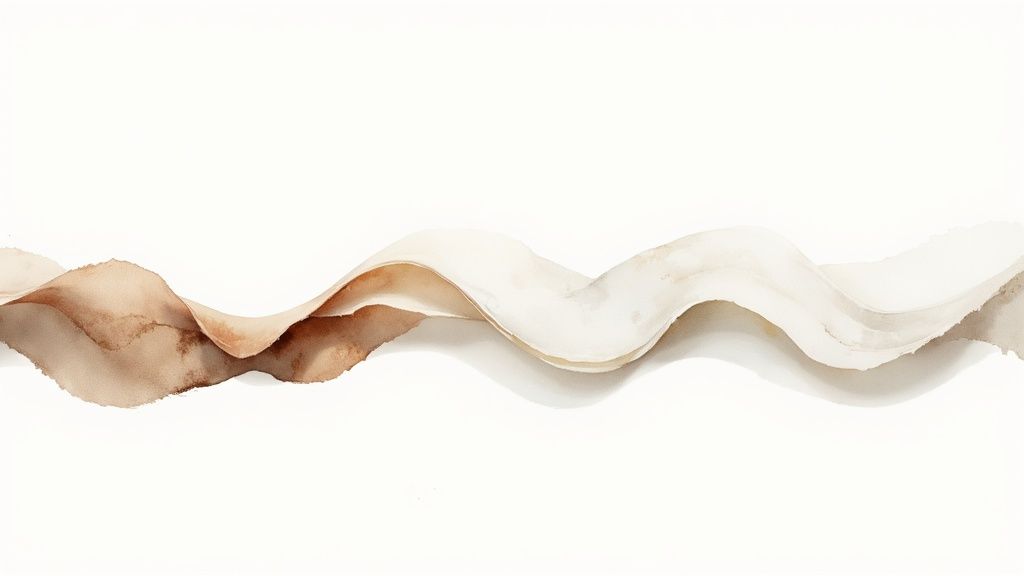 Abstract wavy paper contrasting unbleached brown on the left with lighter, bleached tones on the right, against white.