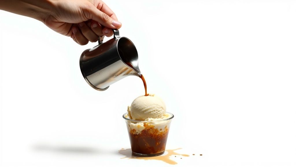 A hand pours rich espresso from a metal pitcher onto vanilla ice cream in a glass, creating an affogato.
