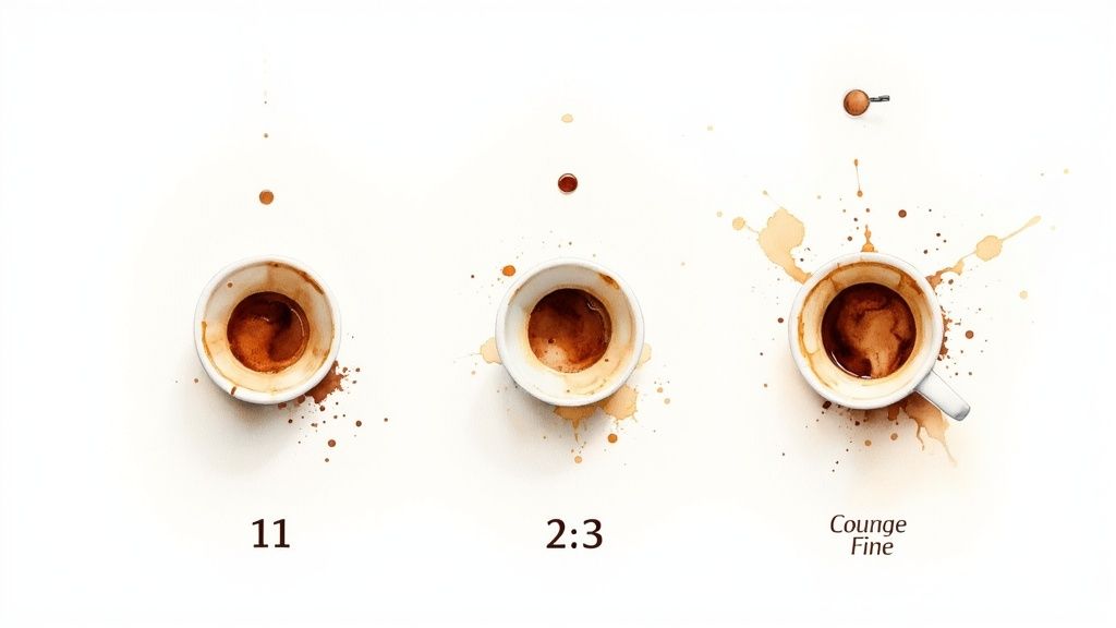 Overhead view of three espresso cups with coffee drops and splashes, illustrating different coffee ratios.