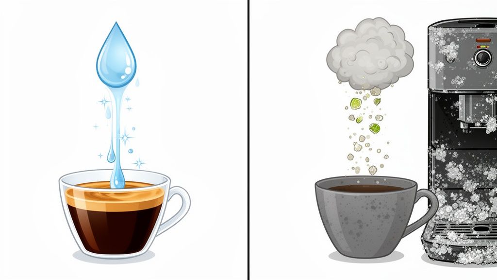 Illustration contrasting pure water making clean coffee versus hard water creating scale and residue.