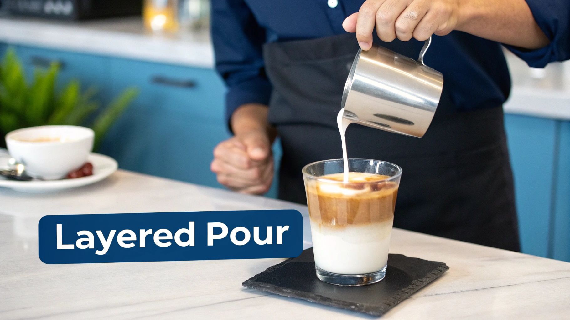 Four different styles of macchiato arranged artfully on a wooden surface.