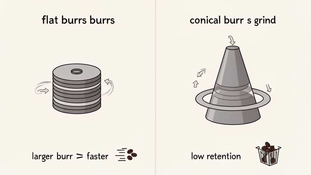 Illustration comparing flat burr and conical burr coffee grinders, highlighting their grinding mechanics and efficiency.