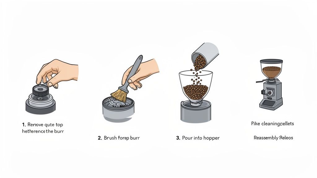 Illustration showing a four-step guide on how to clean a coffee grinder with a brush and cleaning pellets.