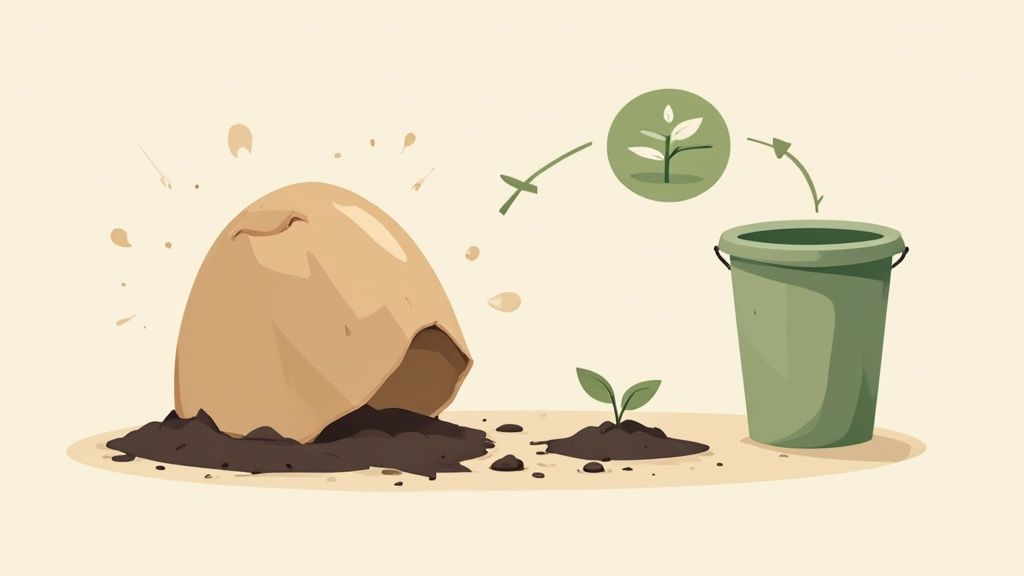 Composting cycle illustration showing broken eggshell, soil, seedling, and green bucket for organic waste