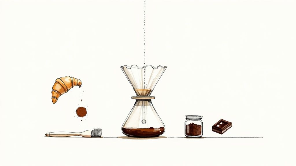 A clean Chemex brewer sits next to a bag of Seven Sisters coffee beans and a freshly brewed cup of coffee